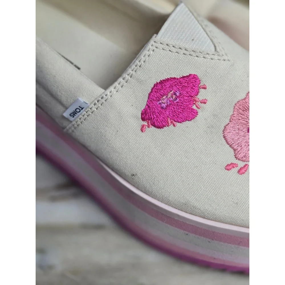 TOMS Alpargata Platform Shoes Cream Canvas Pink Floral‎ Embroidered Slip On 8.5